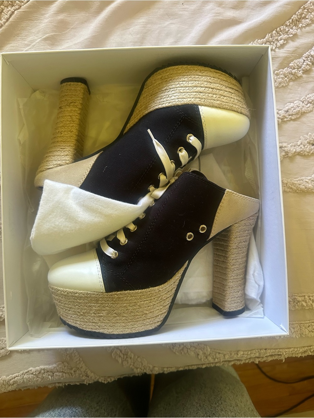 Moschino Black and Cream Platform Espadrille Lace-Up Heels